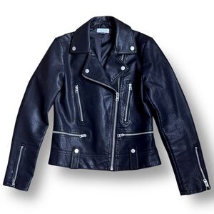 Topshop Black Vegan Leather Jacket US Sz 4 w/ Silver Accents Moto Motorcycle EUC